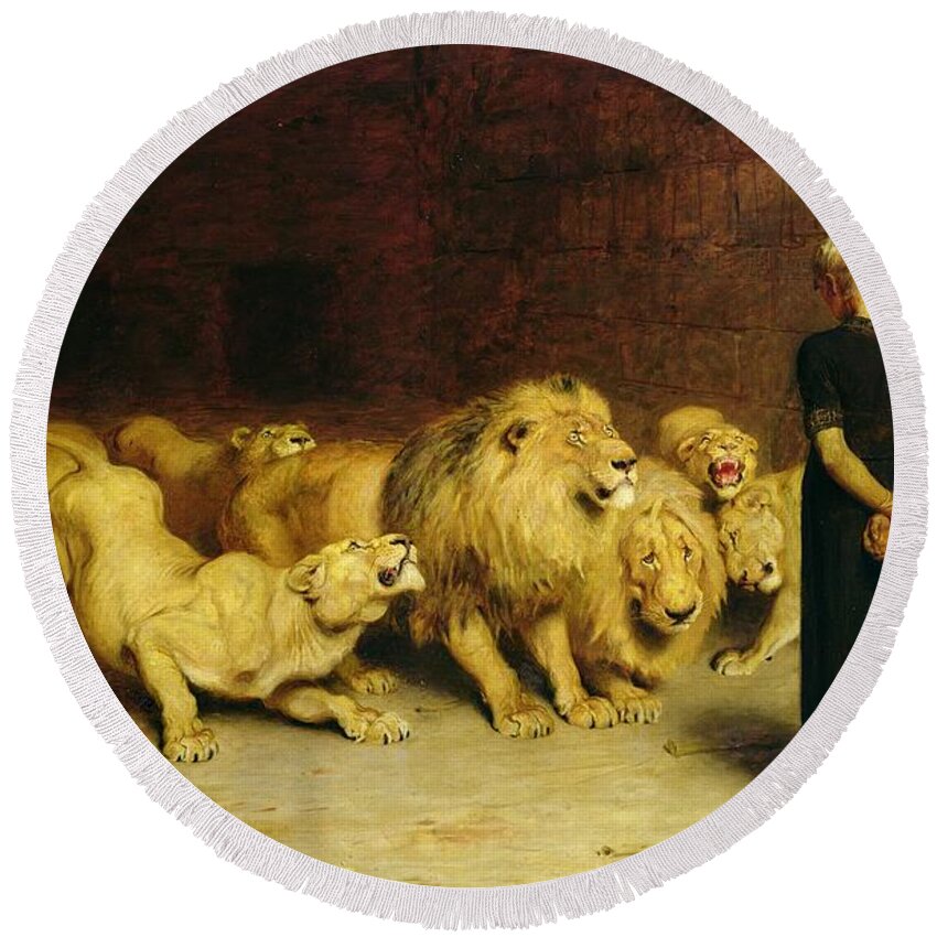 #faatoppicks Round Beach Towel featuring the painting Daniel in the Lions Den by Briton Riviere