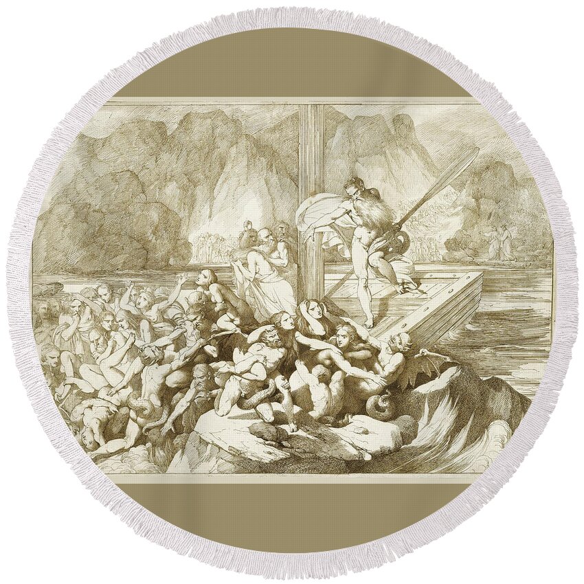 Luigi Sabatelli Round Beach Towel featuring the drawing Dante and Virgil watching Charon ferrying Souls to Hell by Luigi Sabatelli