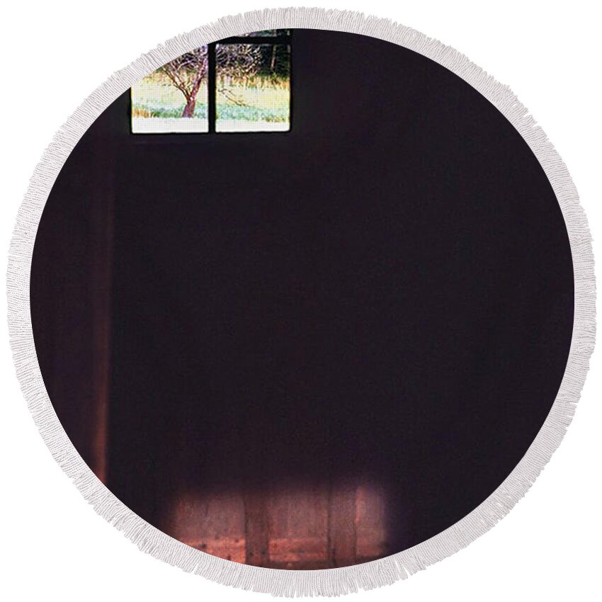Cabin Round Beach Towel featuring the photograph Dark Cabin Window by Ted Keller