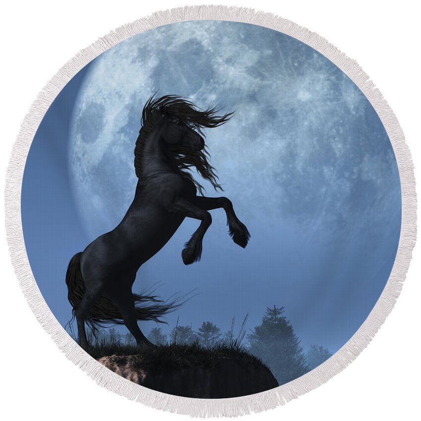 Dark Horse Round Beach Towel featuring the digital art Dark Horse and Full Moon by Daniel Eskridge