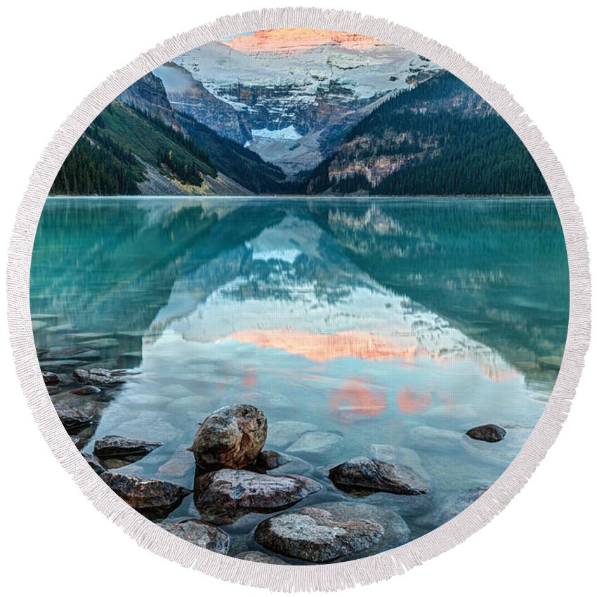 Lake Louise Round Beach Towel featuring the photograph Dawn at Lake Louise by Pierre Leclerc Photography