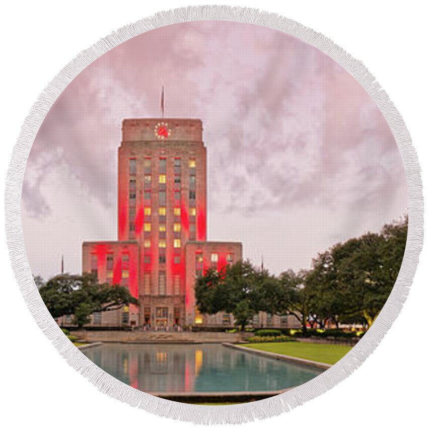 Downtown Round Beach Towel featuring the photograph Dawn Panorama of Houston City Hall at Hermann Square - Downtown Houston Harris County by Silvio Ligutti