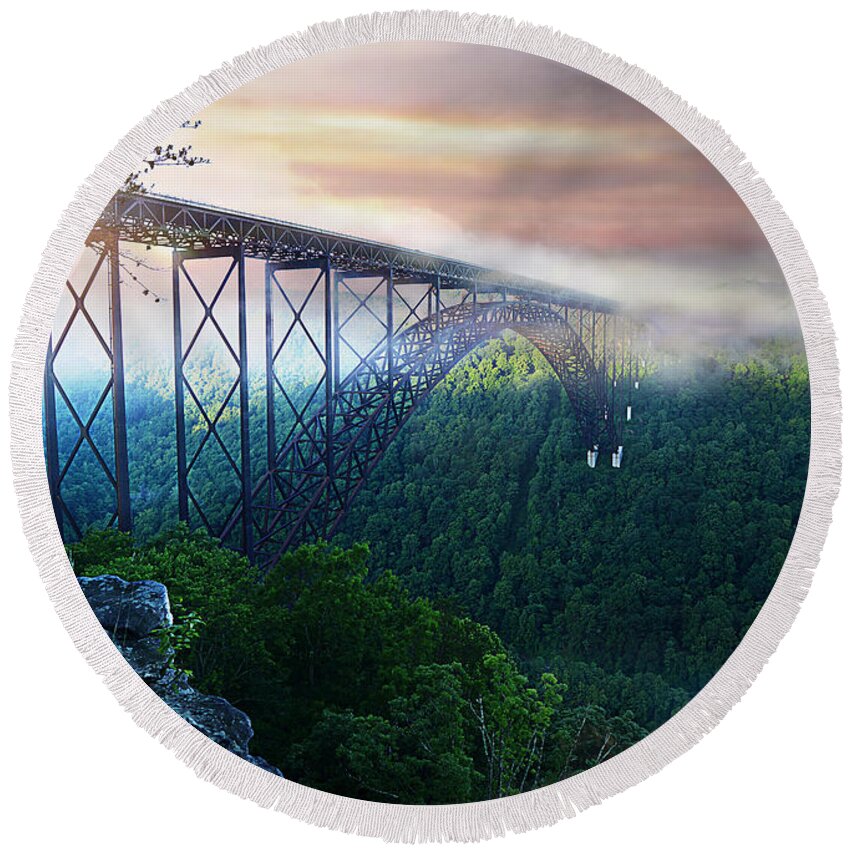 Bridge Round Beach Towel featuring the photograph Dawns Drama by Lisa Lambert-Shank