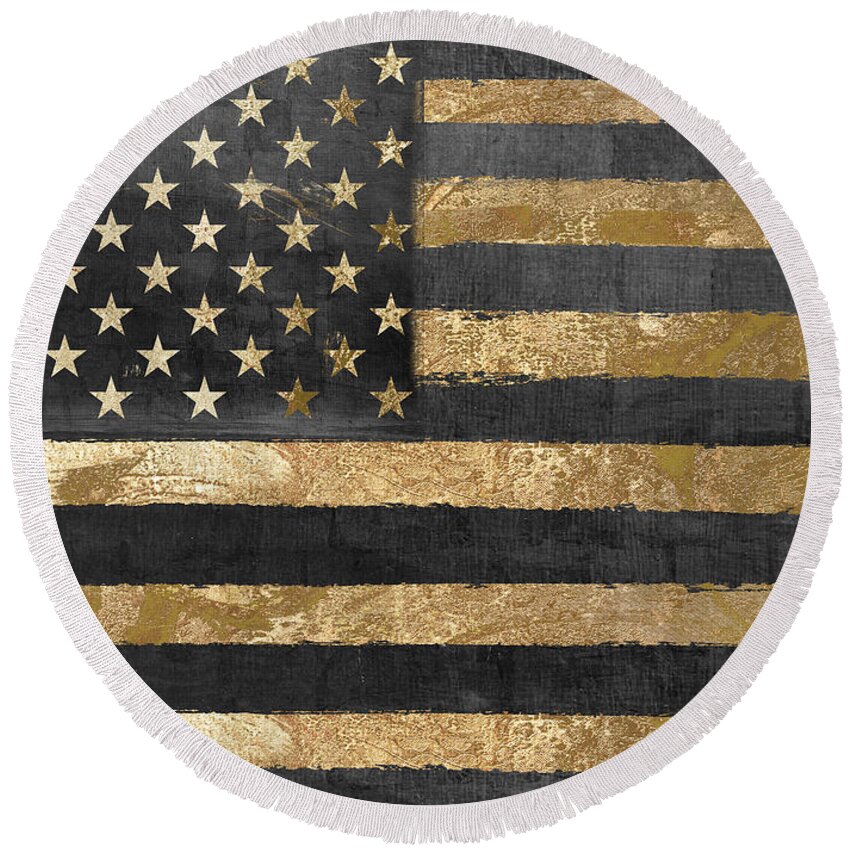 American Flag Round Beach Towel featuring the painting Dawn's Early Light by Mindy Sommers
