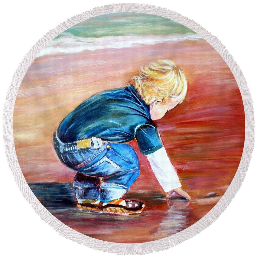 Little Boy Round Beach Towel featuring the painting Day at the beach by Patricia Piffath