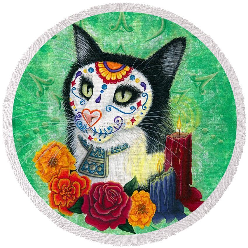 Dia De Los Muertos Gato Round Beach Towel featuring the painting Day of the Dead Cat Candles - Sugar Skull Cat by Carrie Hawks