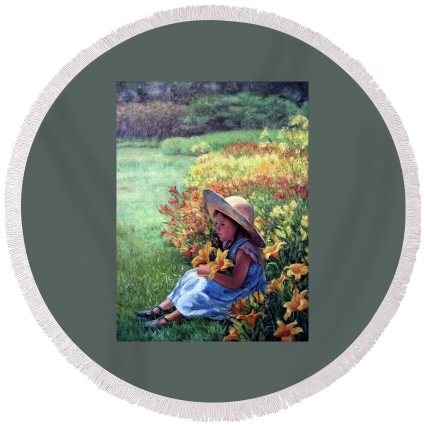 Daylilies Round Beach Towel featuring the painting Daylilies by Marie Witte