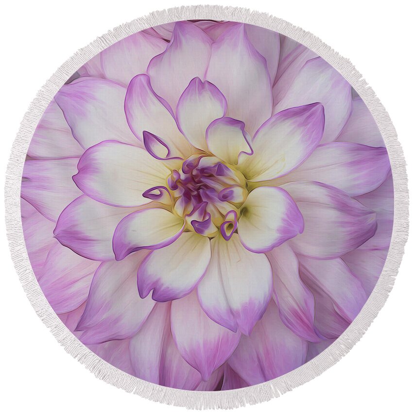 Botanical Round Beach Towel featuring the photograph Dazzling Dahlia Oil by Catherine Avilez