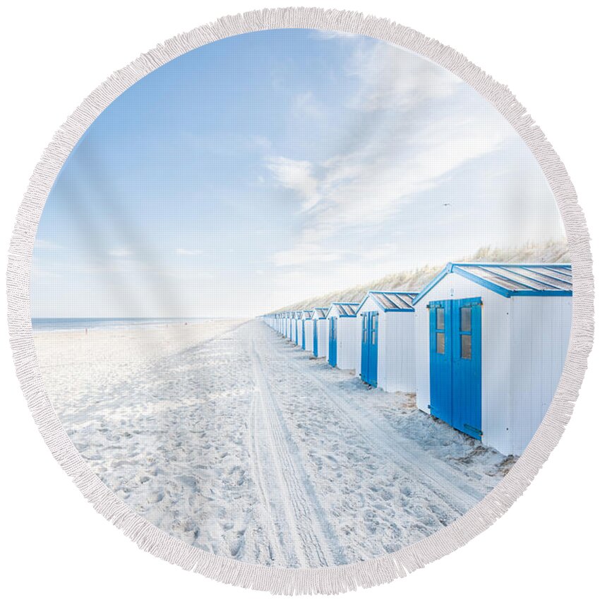 De Koog Round Beach Towel featuring the photograph De Koog - beach cabins by Hannes Cmarits