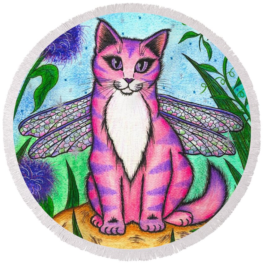 Dragonfly Round Beach Towel featuring the painting Dea Dragonfly Fairy Cat by Carrie Hawks