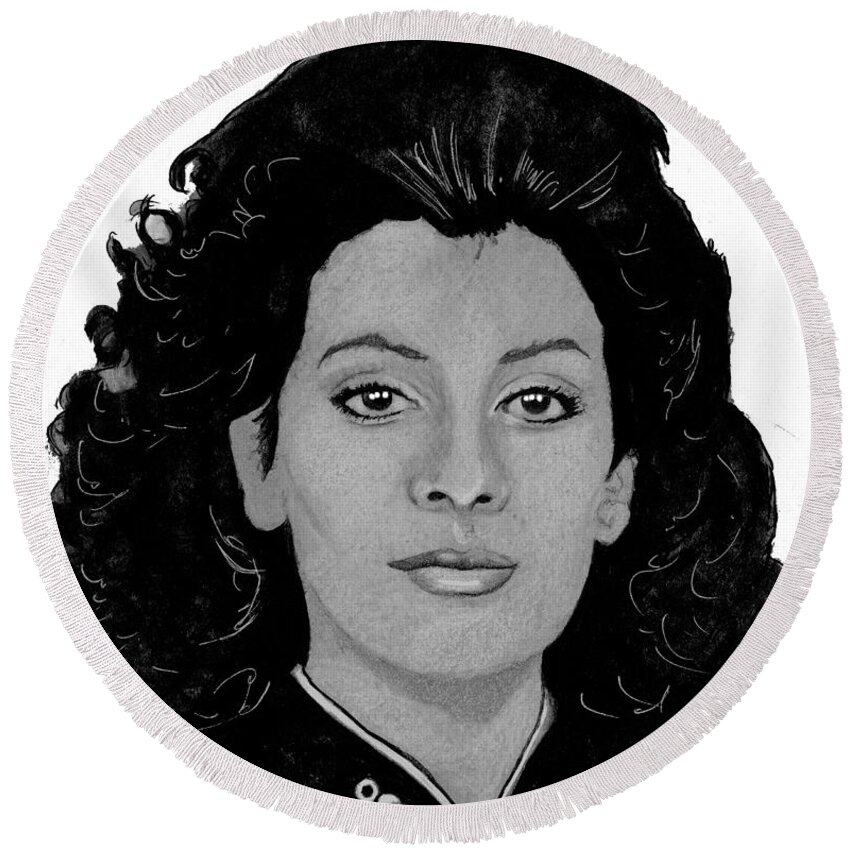 Star Round Beach Towel featuring the drawing Deanna Troi by Bill Richards
