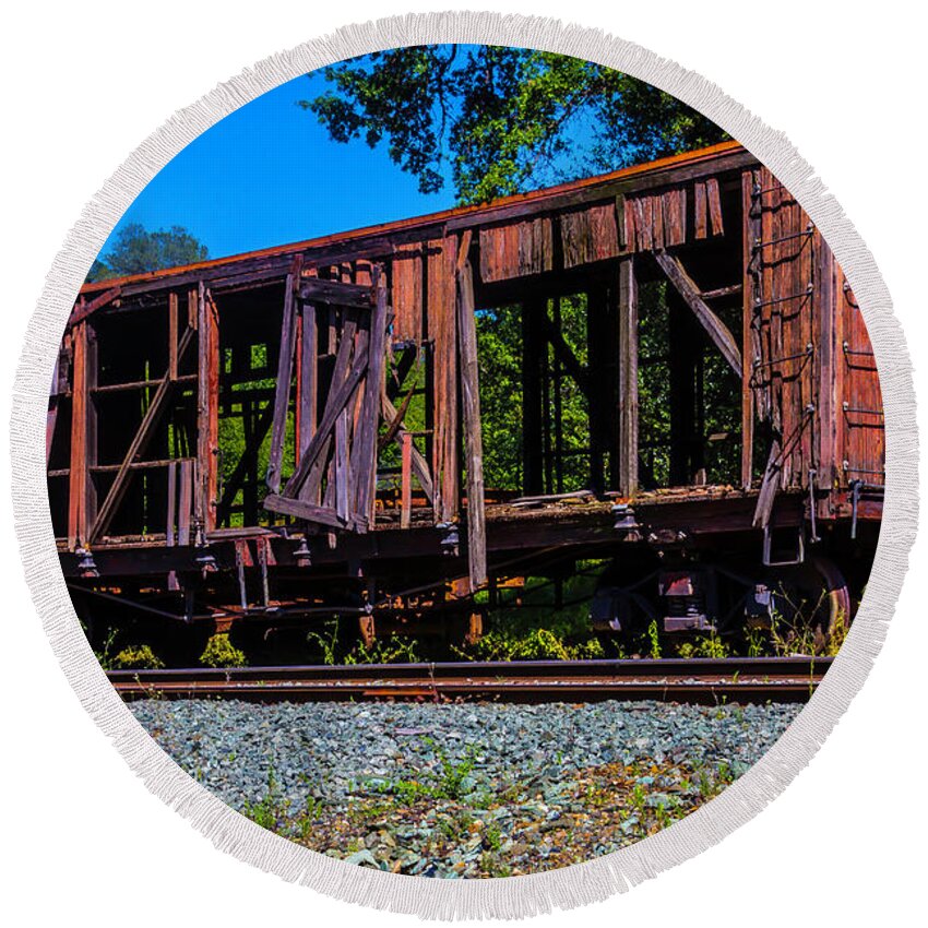 Old Round Beach Towel featuring the photograph Decaying Red Box Car by Garry Gay