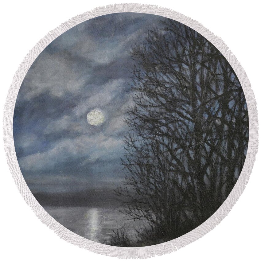 Landscape Round Beach Towel featuring the painting December Moonlight by Kathleen McDermott