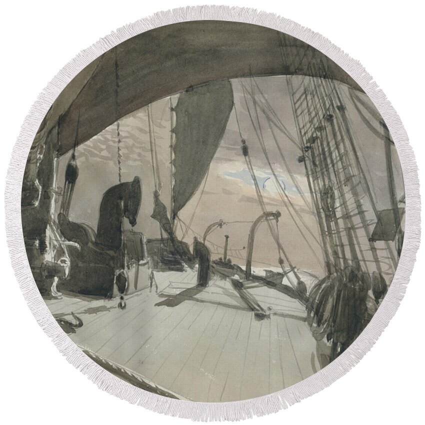 19h Century Art Round Beach Towel featuring the drawing Deck of Ship in Moonlight by John Singer Sargent