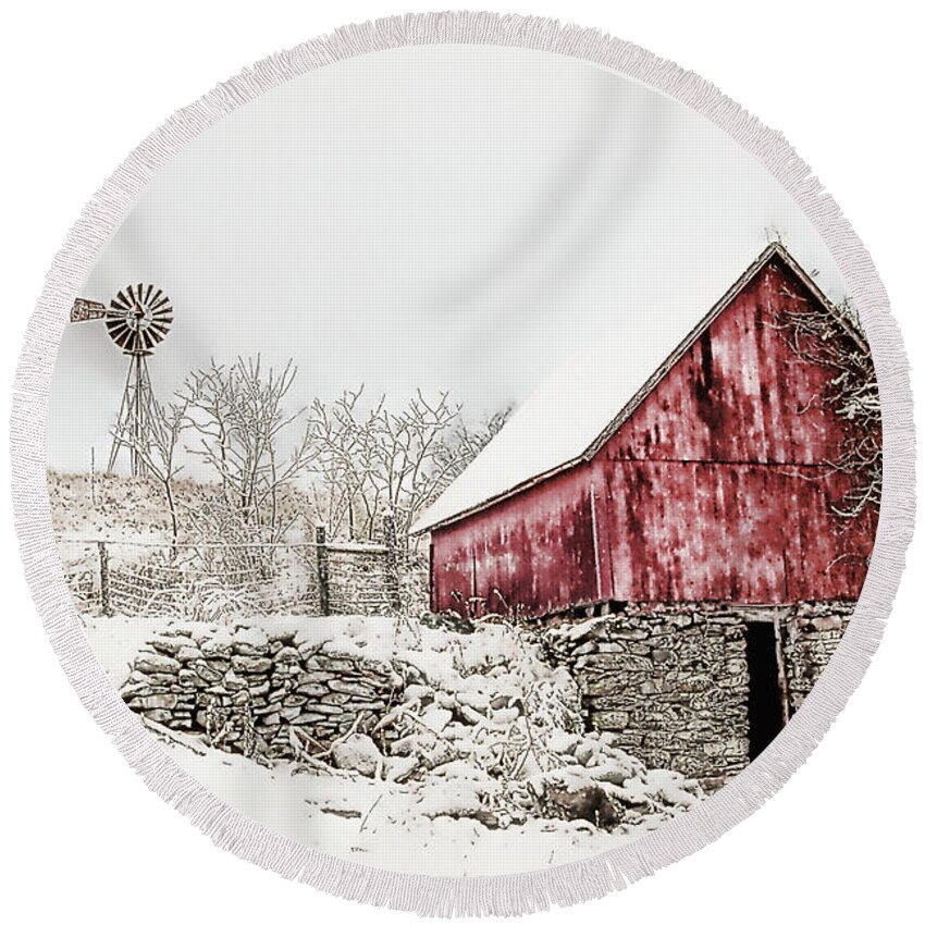 Barn Round Beach Towel featuring the photograph Decked in White by Nicki McManus