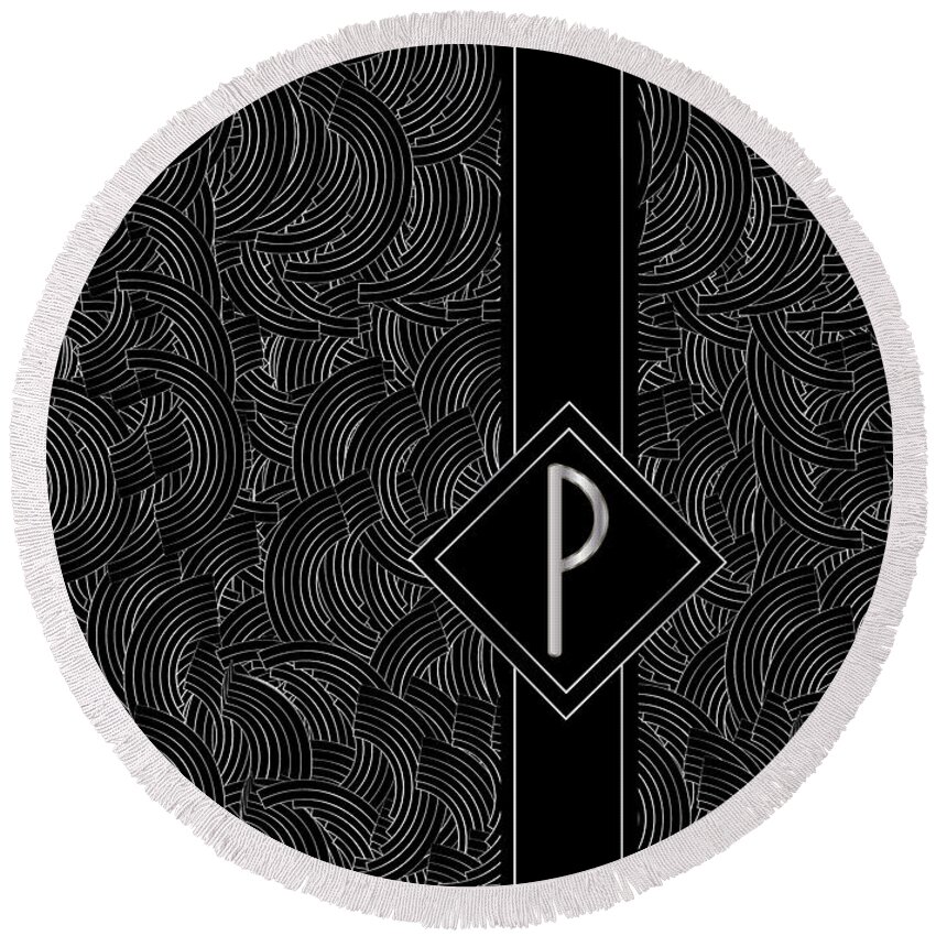 Monogram Round Beach Towel featuring the digital art Deco Jazz Swing Monogram ...letter P by Cecely Bloom