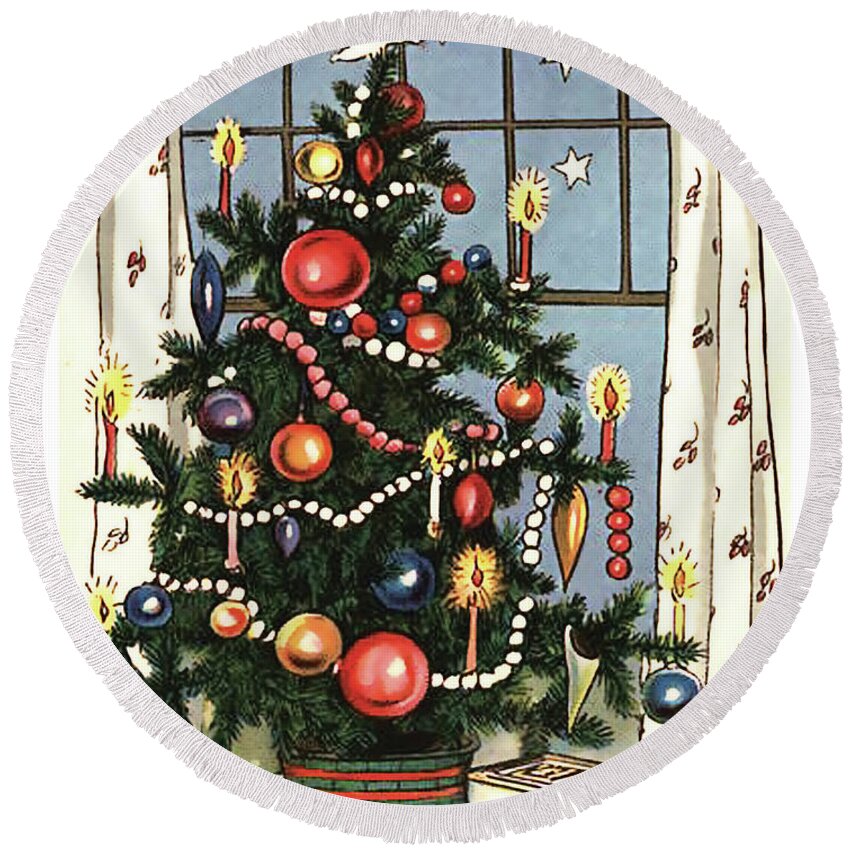 Decorated Round Beach Towel featuring the digital art Decorated Christmas tree with gifts by Long Shot