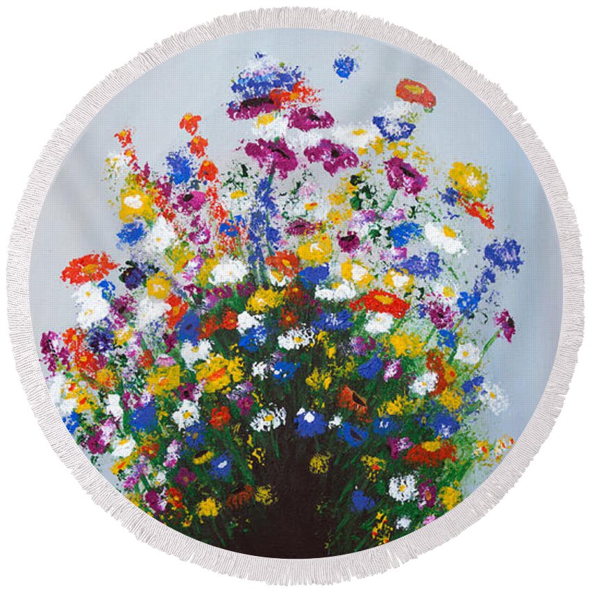 Floral Round Beach Towel featuring the painting Impressionist Wildflower Garden Painting A103017 by Mas Art Studio