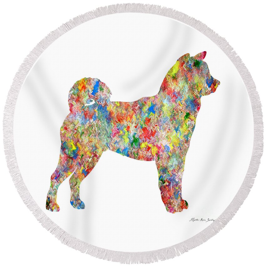 Abstract Round Beach Towel featuring the painting Decorative Husky Abstract O1215T by Mas Art Studio