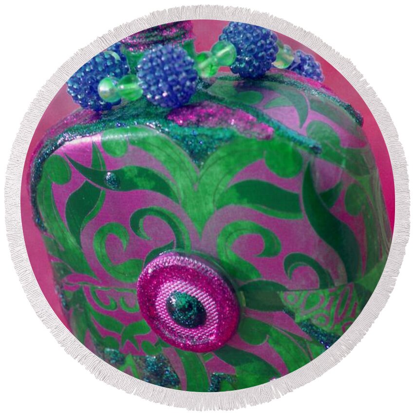 Green Round Beach Towel featuring the photograph Decorative Pink Bottle by Tamarra Tamarra