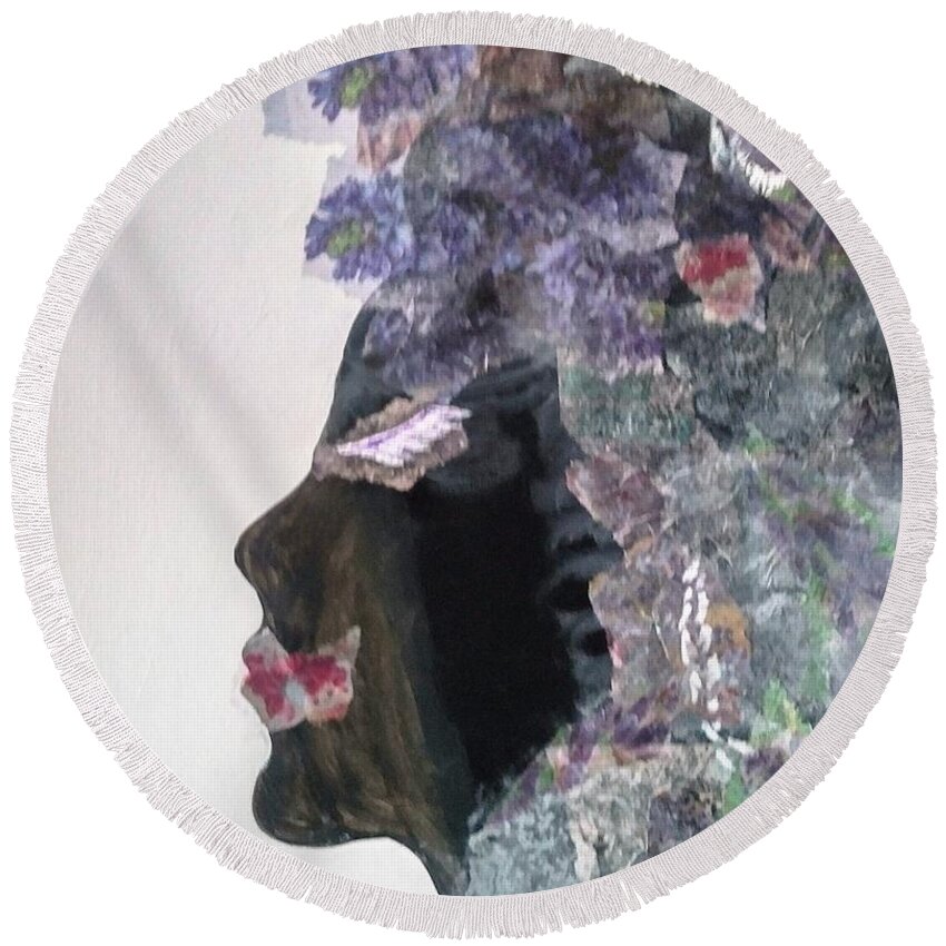 Decoupage Round Beach Towel featuring the painting Decoupage Lady 2 by Lynne McQueen