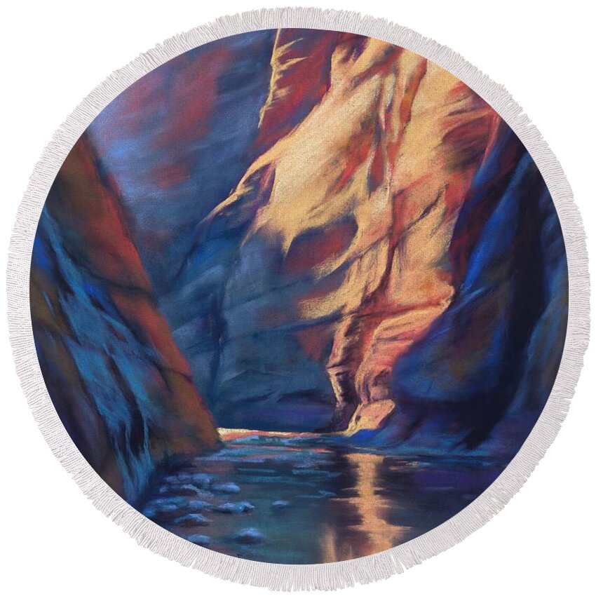 Landscape Round Beach Towel featuring the painting Deep in the Canyon by Marjie Eakin-Petty