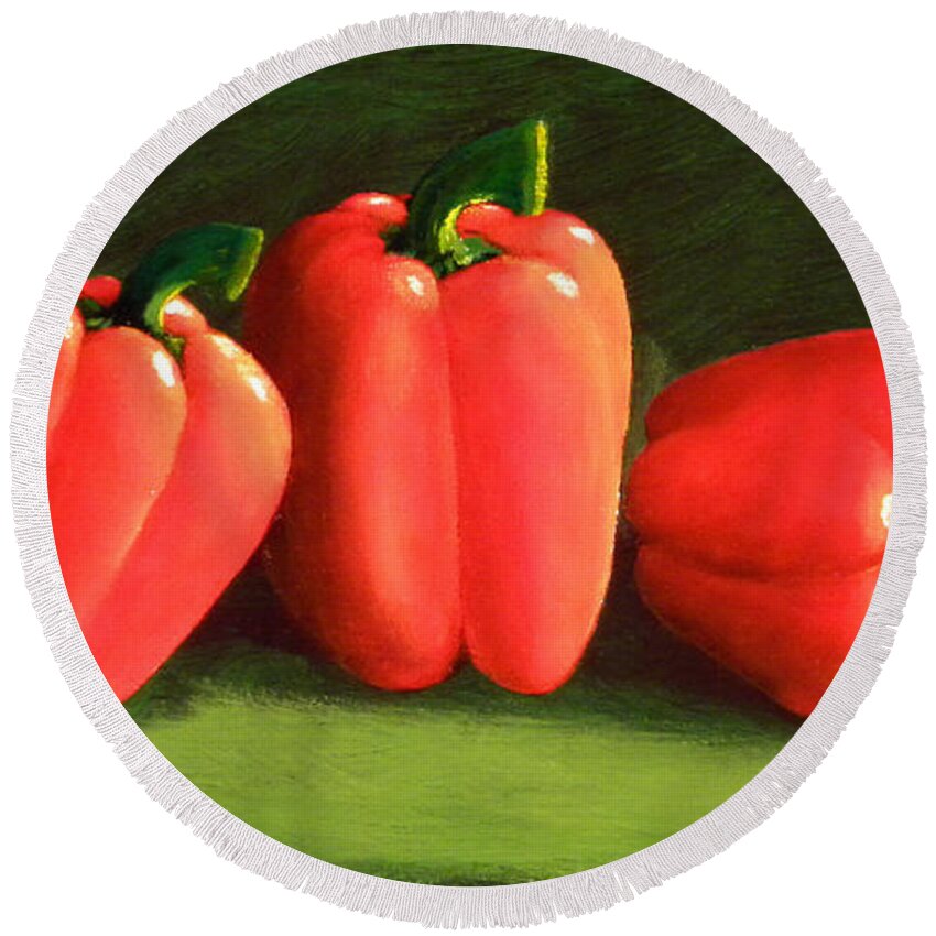 Peppers Round Beach Towel featuring the painting Deep Red Peppers by Frank Wilson