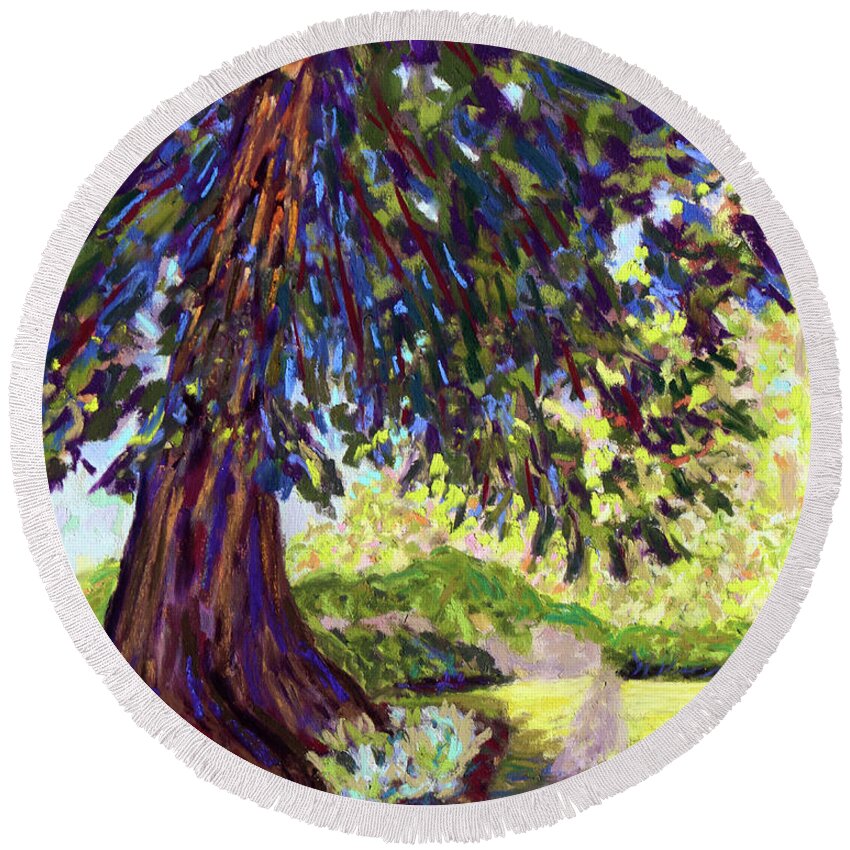  Round Beach Towel featuring the painting Deep Shade in the Sunken Garden by Polly Castor