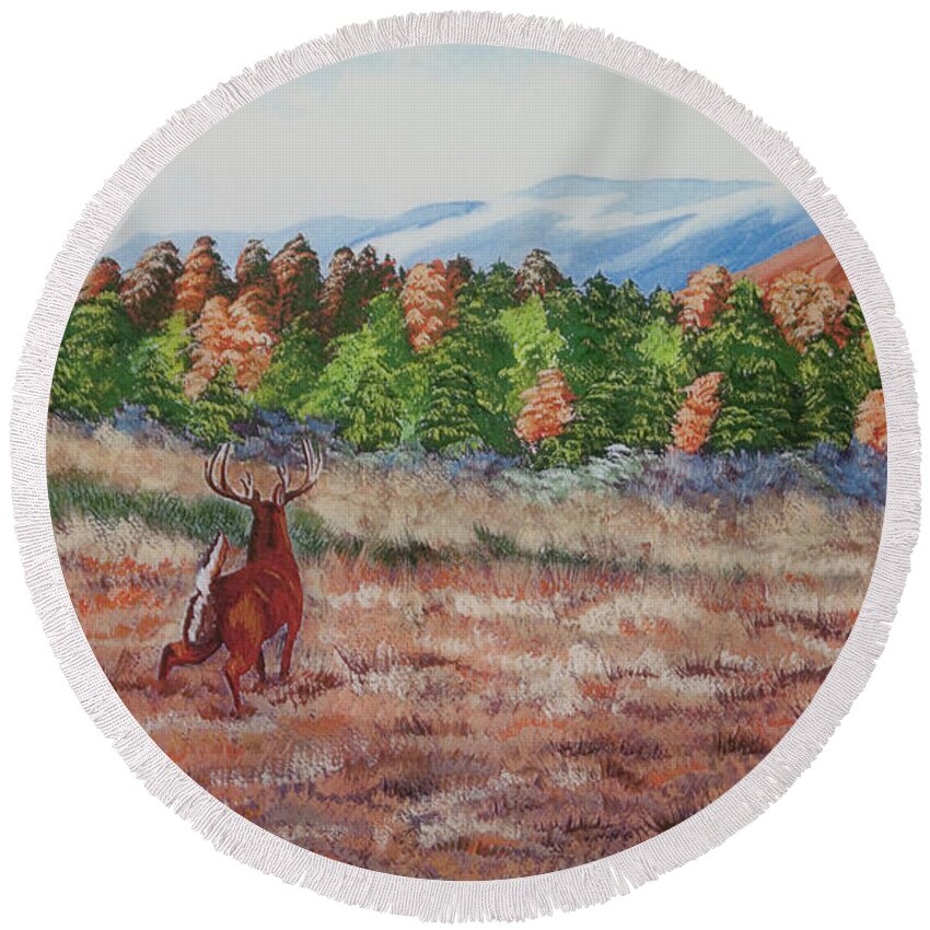 Fall Paintings Round Beach Towel featuring the painting Deer In Fall by Charlotte Blanchard