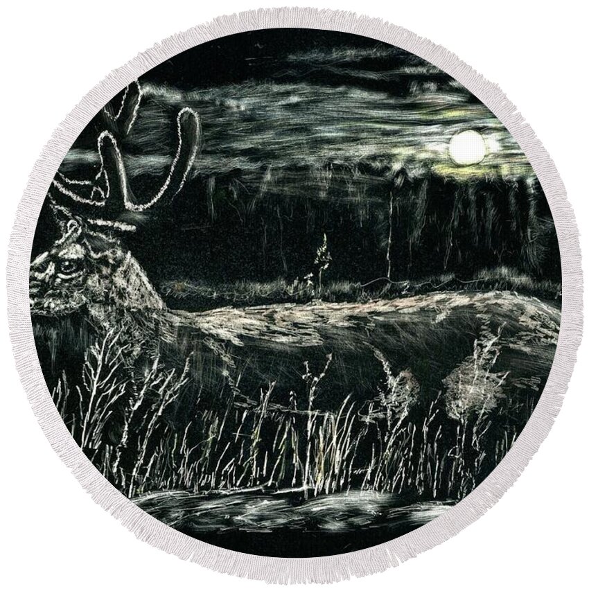Deer Round Beach Towel featuring the drawing Deer in Moonlight by Robert Goudreau