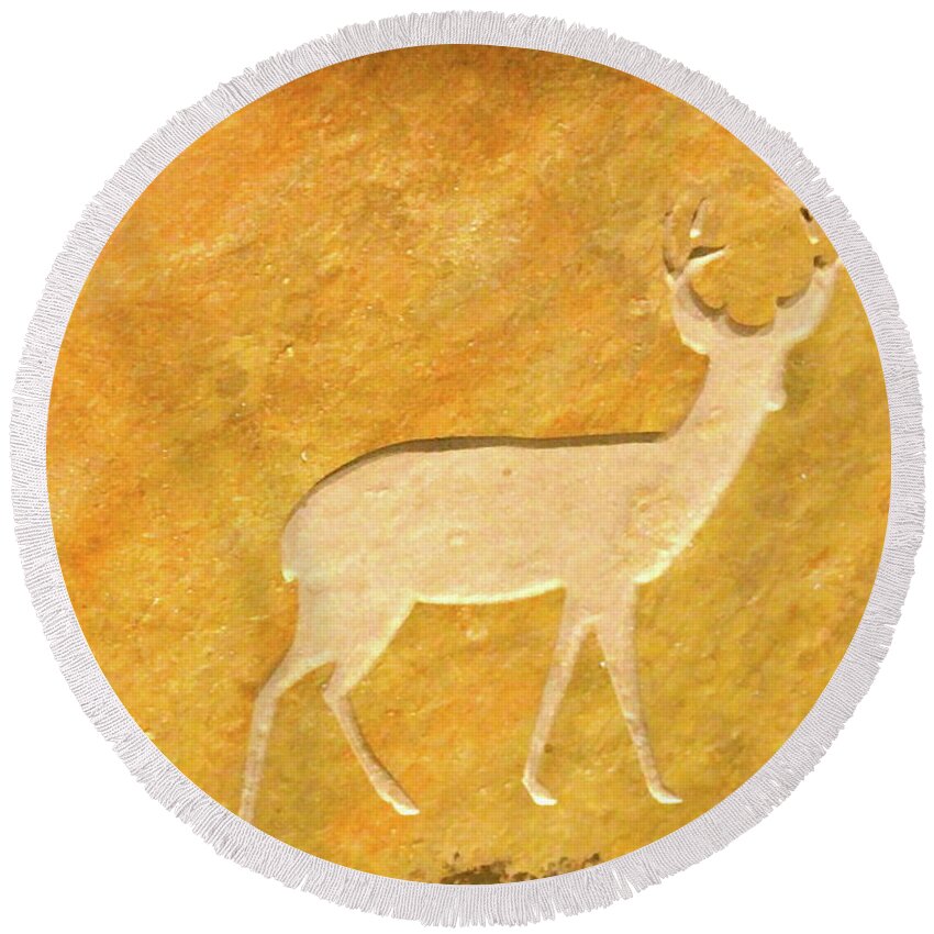 Deer Round Beach Towel featuring the photograph Deer in Stone by Laddie Halupa