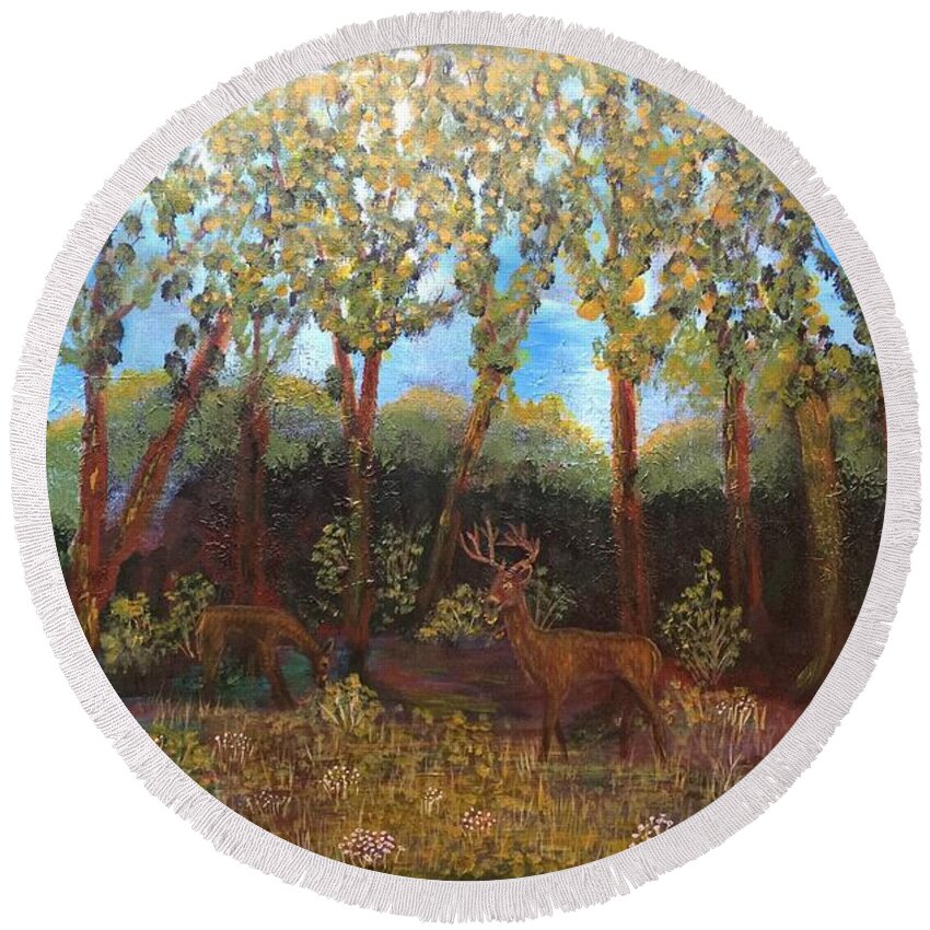 Deer Round Beach Towel featuring the painting Deer In Woods by Monika Shepherdson