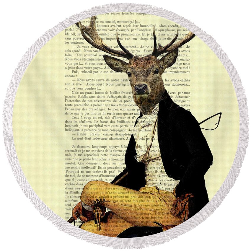 Deer Round Beach Towel featuring the digital art Deer regency portrait by Madame Memento