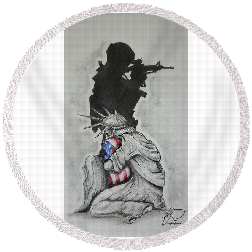 Liberty Round Beach Towel featuring the drawing Defending Liberty by Howard King