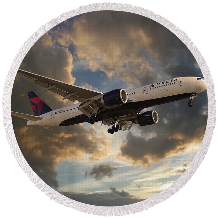 Delta Airlines Round Beach Towel featuring the digital art Delta Air Lines Boeing 777-200LR by Airpower Art