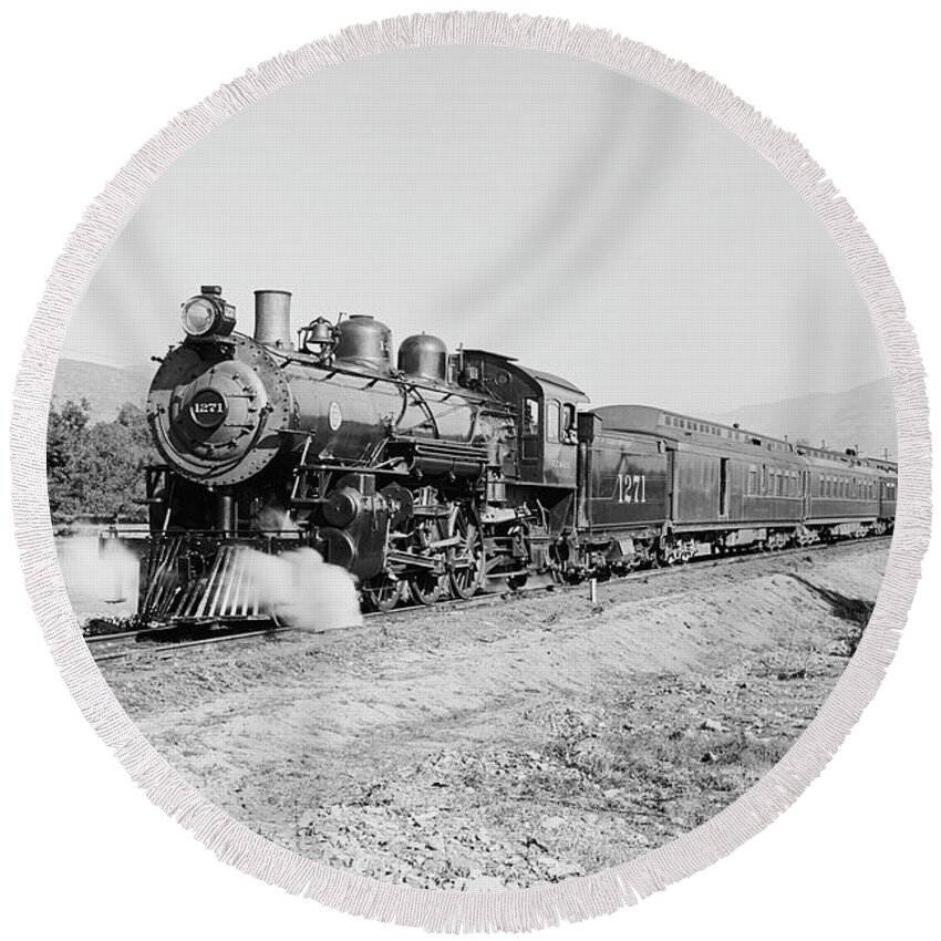 Vintage Train Round Beach Towel featuring the photograph Deluxe Overland Limited Passenger Train by War Is Hell Store