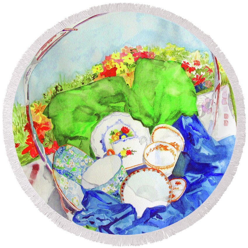 Demitasse Round Beach Towel featuring the painting Demitasse Picnic by Sandy McIntire