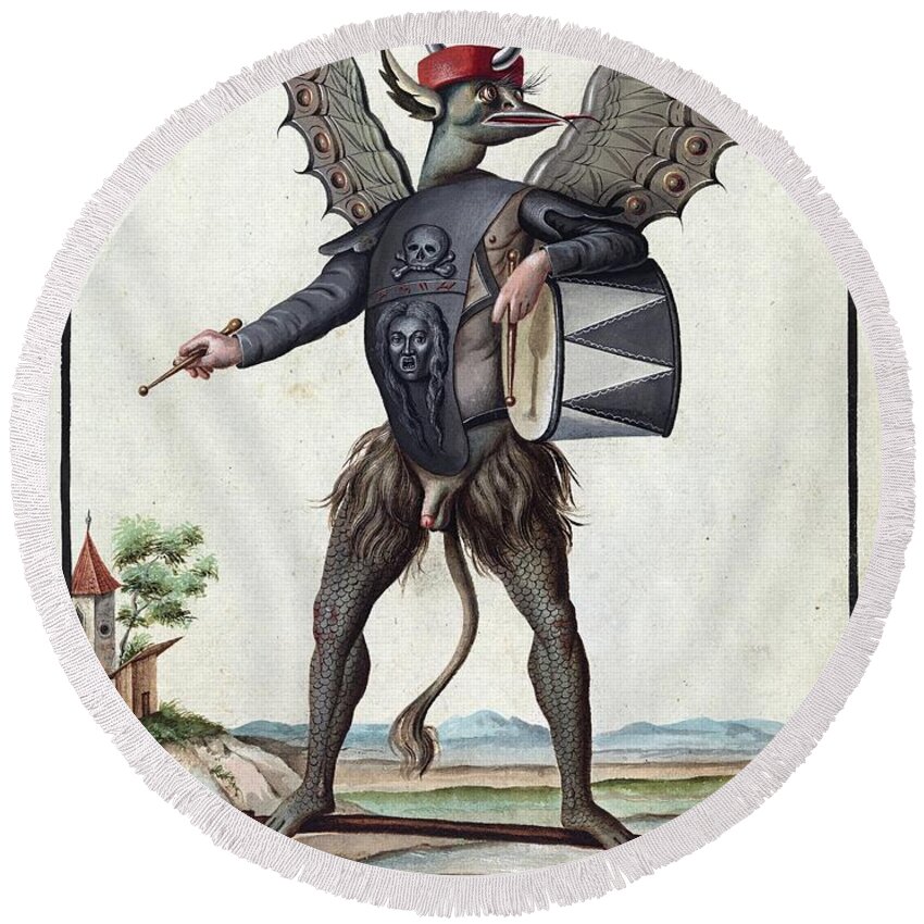 Antediluvian Round Beach Towel featuring the painting Demon, 1057 by Vincent Monozlay
