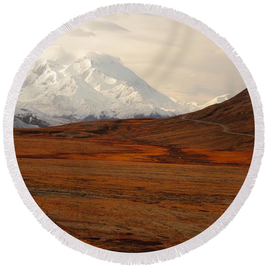 Denali Round Beach Towel featuring the photograph Denali And Tundra In Autumn by Steve Wolfe