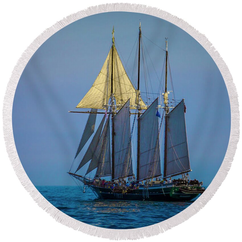 3 Masts Round Beach Towel featuring the photograph Denis Sullivan - three masted schooner by Jack R Perry