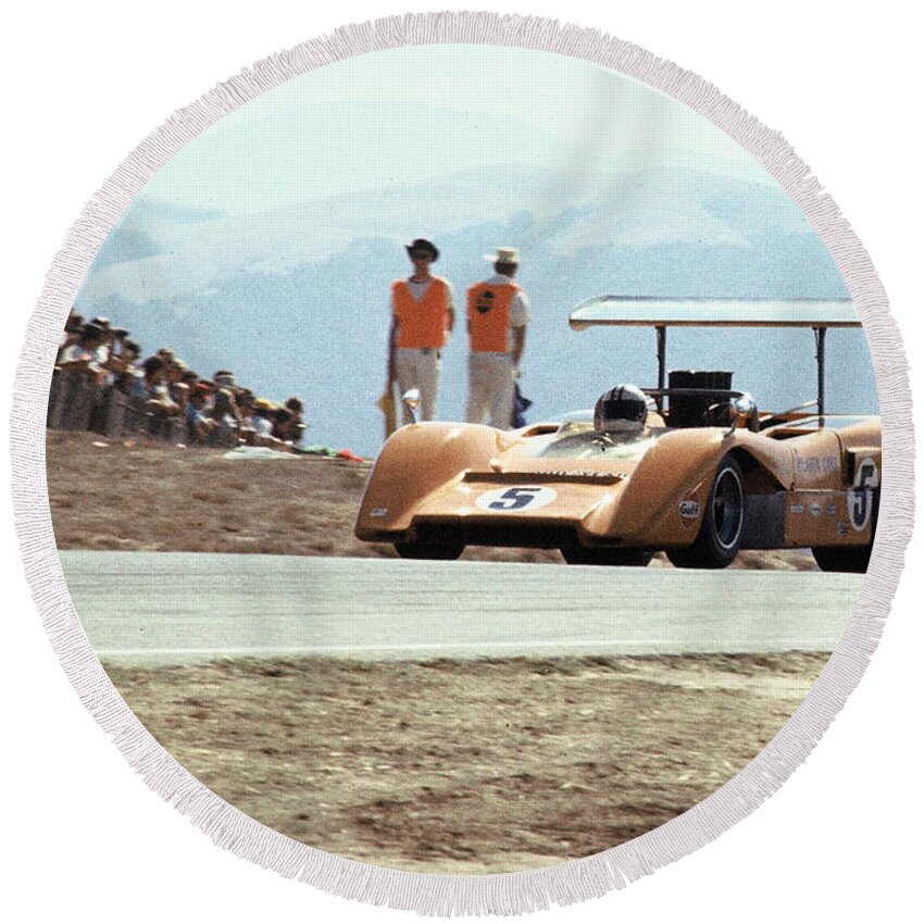 Denny Hume Round Beach Towel featuring the photograph Denny Hulme at Laguna Seca by Dave Allen