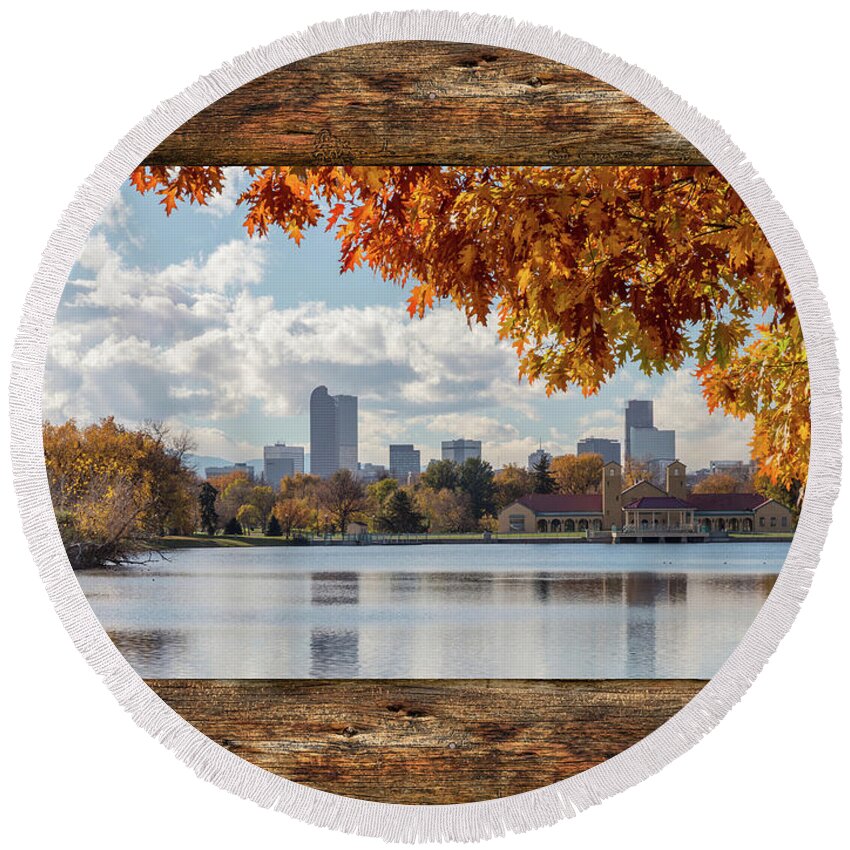 Windows Round Beach Towel featuring the photograph Denver City Skyline Barn Window View by James BO Insogna