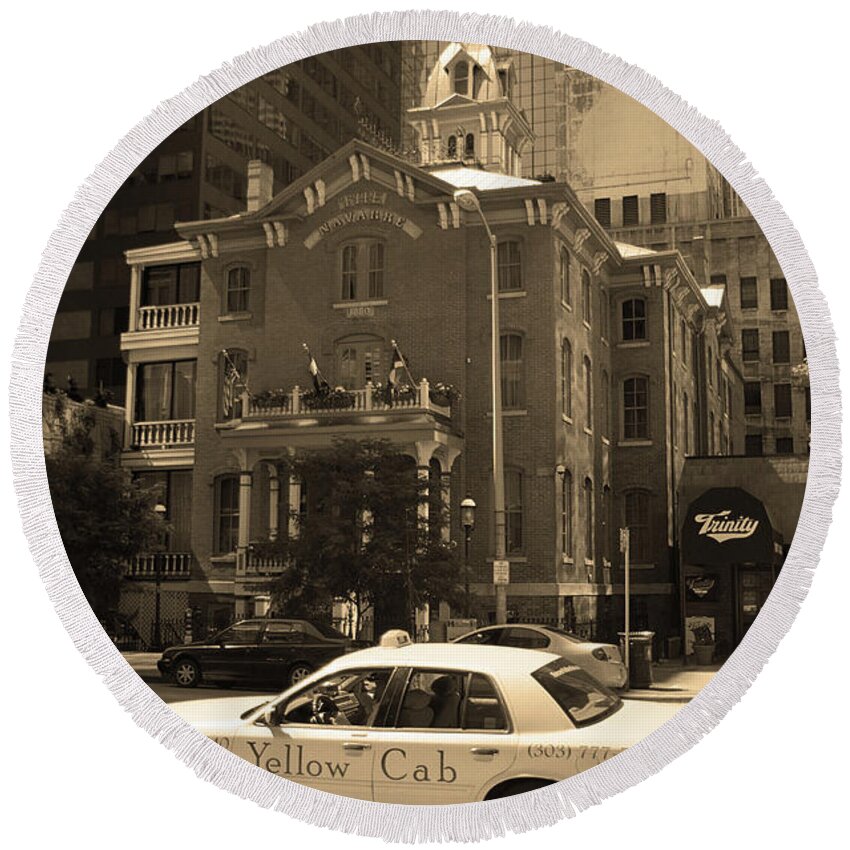 America Round Beach Towel featuring the photograph Denver Downtown with Yellow Cab Sepia by Frank Romeo