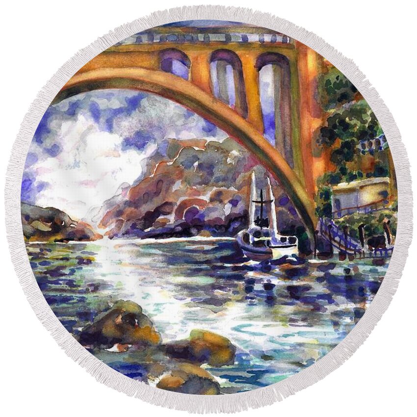 Oregon Coast Scene Round Beach Towel featuring the painting Depoe Bay Bridge by Ann Nicholson