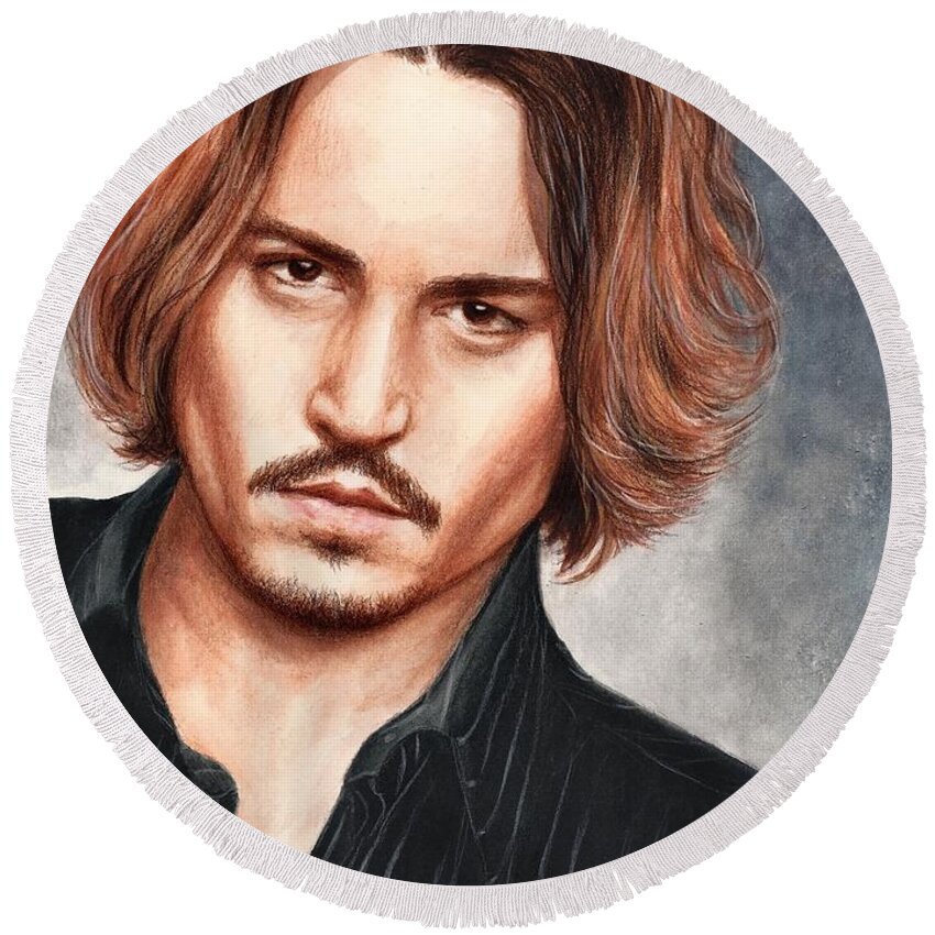 Johnny Depp Bruce Lennon Art Portrait Illuystration Celebrities Round Beach Towel featuring the painting Depp by Bruce Lennon