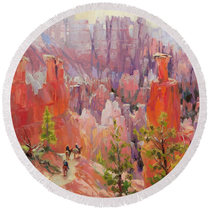 Southwest Round Beach Towel featuring the painting Descent into Bryce by Steve Henderson