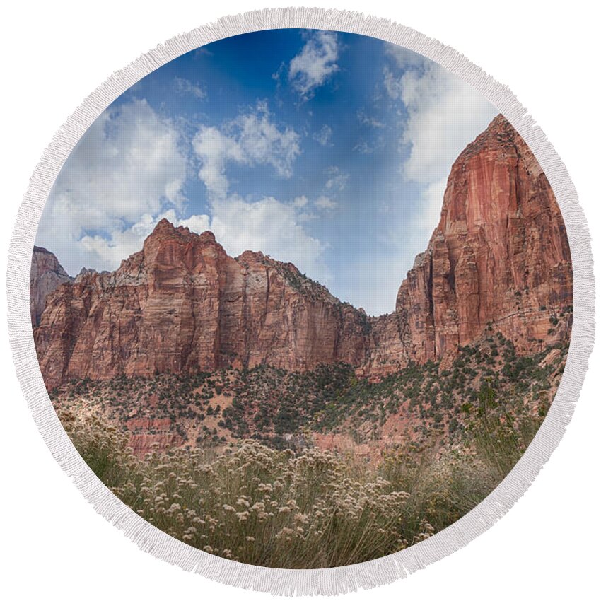 Landscape Round Beach Towel featuring the photograph Descent into Zion by John M Bailey