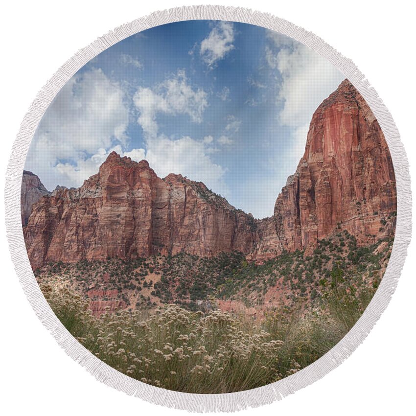 Landscape Round Beach Towel featuring the photograph Descent into Zion by John M Bailey