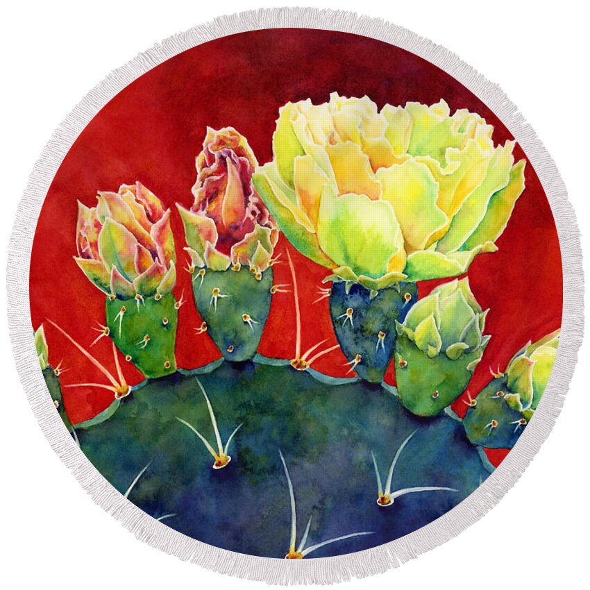 Cactus Round Beach Towel featuring the painting Desert Bloom 3 by Hailey E Herrera