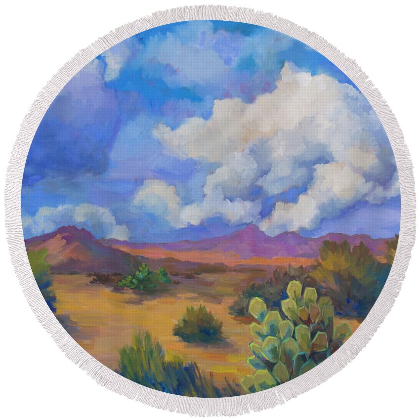 Desert Round Beach Towel featuring the painting Desert Clouds Passing by Diane McClary